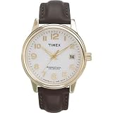 Timex 2C021 Men’s Gold-Tone legible Round White Dial Perpetual Calendar Dress Watch with brown genuine leather strap
