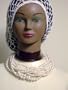 Sn102, Hand Crocheted White Gimp Large Snood for Women in Combination with with Twelve Strand Simulated Graduated Ivory Pearl Necklace and Earrings