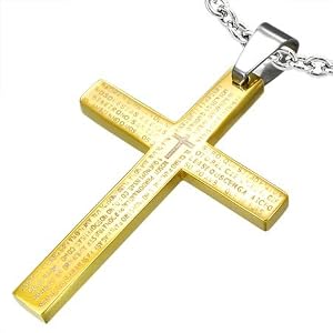  Mens Polished Stainless Steel The Lords Prayer Gold Cross Pendant Free Chain - Length 60cms by Jewellery4u