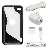 EZOPower White USB Hotsync&Charging Data Cable + Clear/Black S Shape TPU Case + White USB Car Adapter + White USB Home Travel Adapter for Apple iPod touch 8GB 32GB 64GB (4th Generation)4 4G