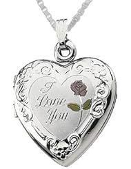 0.925 Sterling Silver Heart "I Love You" with Rose Locket Charm Pendant Necklace