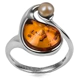 Natural Honey Amber Light Pearl Sterling Silver Drop Ring