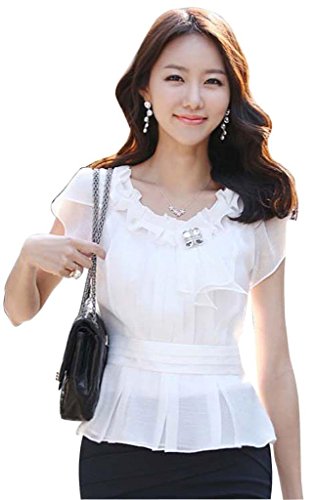 DPO Women's Chiffon Slim Sweet Ruffle Round Neck Tops Short Sleeve Blouse