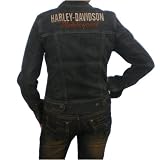 Womens Harley Davidson Racing blue logo design denim jacket.Classic large logo design on back and 2 smaller logos on front and sleeve. Extremely eye catching item with great logos combination. Very high quality authentic collector's item from the true American Legend.