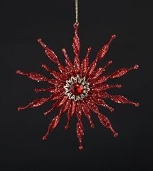 Asian Fusion Red Glitter Twisted Starburst Snowflake Christmas Ornament 6"