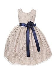 Girls Polyester/Satin Sleeveless Lace  Tea Length Flower-Girl Dress  With a Bow(s) and a Ribbon  and a Sash 