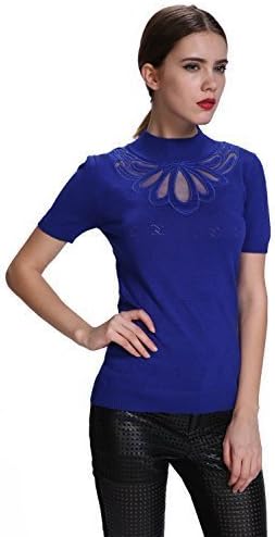 SanSSC Women's Sheer Floral Short Sleeve Knitted Basic Top Turtleneck Sweater One Size Blue