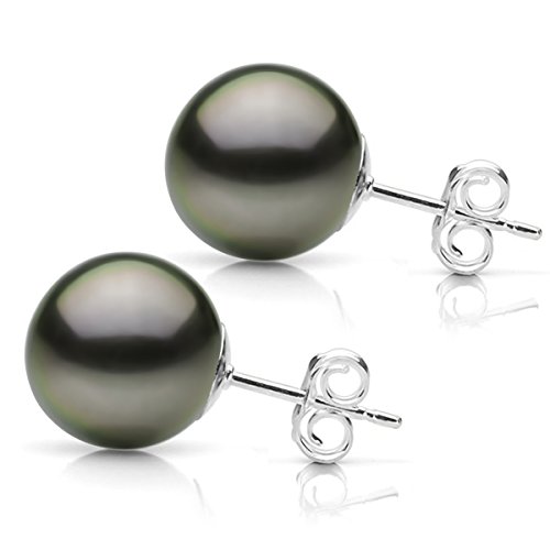 14k White Gold AAA Hand-picked Round Black Tahitian Cultured High Luster Pearl Stud Earrings