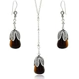 Sterling Silver .925 Genuine Tiger Eye Stone Leaf Petal Bead Dangle Hook Earrings & Y Necklace 18.5-19.5 Jewelry Set
