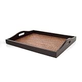 Large Pine Wood & Rattan Tray