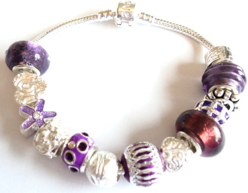 Purple Rain Pandora/Troll Style Charm Bracelet- Ideal Birthday/Christmas Present - 20cm silver plated clasp bracelet - Packaged in a lovely organza gift bag