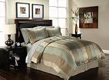 8 PC TAN AND LIGHT BLUE STRIPED BED IN A BAG COMFORTER SET
