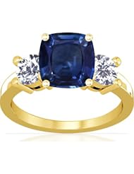 18K Yellow Gold Cushion Cut Blue Sapphire Three Stone Ring (GIA Certificate)