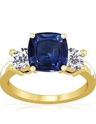 14K Yellow Gold Cushion Cut Blue Sapphire Three Stone Ring (GIA Certificate)