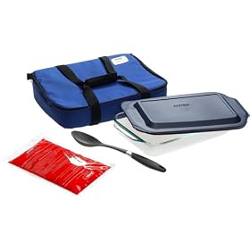 Pyrex Portables 3-Quart Oblong Baking Dish with Basting Spoon and Blue Insulated Carrier