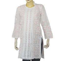 Womens Cotton Short Long Sleeve Top Shirt Blouse Chikan Embroidery Size L