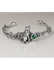 An Adorable Little Kitty Cat Cuff Bracelet Accented with a Genuine Jade