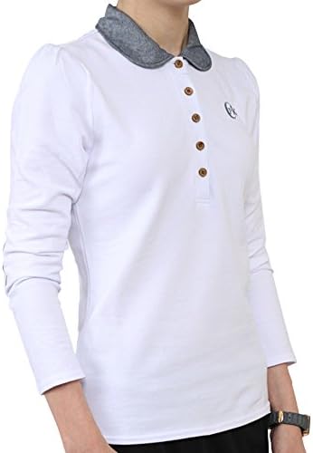 ChanzeePK, Womens Teens Long Sleeved Cotton Polo Tee Shirts:Create Fashion Outfits Styles ,White T with Chambray Collar/Elbow Patches ,Large