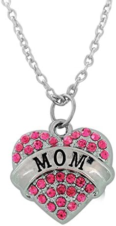 Thanksgiving Alloy Silver "Mom" Heat Shape Rhinestone Pendant Necklace (Pink)