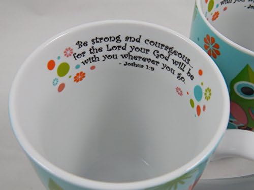 Set of 2 Beautiful Ceramic OWL Coffee MUG with SCRIPTURE Joshua 1:9 BE STRONG/Bible VERSE Cup/LATTE Tea