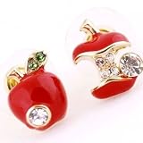 DaisyJewel Top Seller Mega Clearance Sale Asymmetrical Once Upon a Time Snow White & the Evil Queen Red Poison Apple Stud Earrings with Gold Trim and Sparkly Green & White Diamond Like Crystal Elements - Skin-Safe & For Pierced Ears