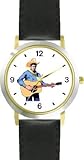 Country Western Singer Playing Guitar 2 Musician - WATCHBUDDY® DELUXE TWO-TONE THEME WATCH - Arabic Numbers - Black Leather Strap-Size-Large ( Men's Size or Jumbo Women's Size )