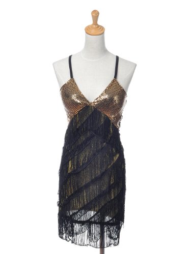 Anna-Kaci S/M Fit Golden Sequins Fringe Bodice Black Sexy Short Mini Dress