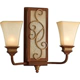 Progress Lighting P2850-122 Two-Light Wall Fixture with Vintage Parchment Glass and Iron Scroll Details, Aged Copper with Pietra Accents