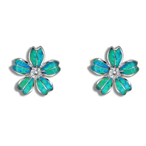 Silver Hawaiian Blue Opal Plumeria Earrings