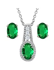 1.48 Ct Oval Green Nano Emerald 14K White Gold Pendant Earrings Set