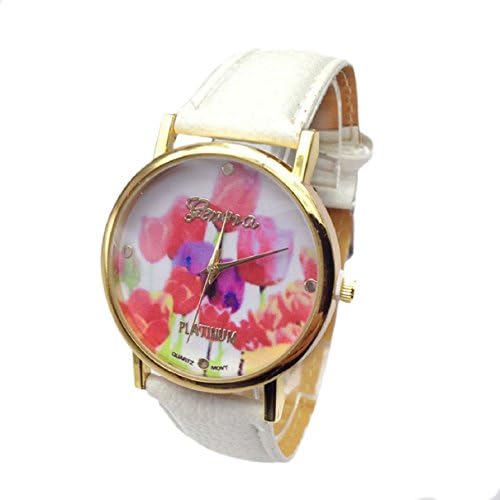 Bestpriceam® Colorful Rose Flowers Gold Dial Leather Band Quartz Wrist Watch White