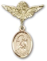 14K Gold Baby Badge with St. Kevin Charm and Angel with Wings Badge Pin