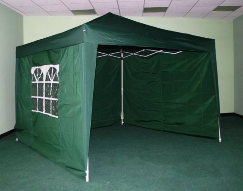 GREEN 3M X 3M Pop up Instant Easy Garden Furniture Gazebo With Side Curtains and Matching Polyester Carry Bag