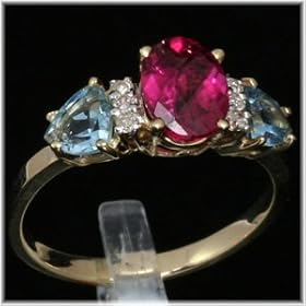 14K Yellow Gold Pink Tourmaline, Aquamarine and Diamond Estate Ring by 