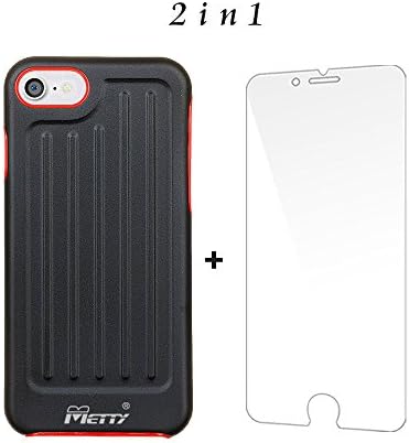 iPhone 7/7Plus Case+Tempered Glass Screen Protector, METTY Aluminum and Reticular Dissipate heat aluminum luggage type Case and HD clear glass screen protector COOL SET2 IN 1 (black, iphone7)