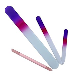 Czech Glass Nail File - 3 Piece Nail Kit + Nail Stick - Large Pedicure Glass File, Medium & Small Nail Boards With Case - Purple and Magenta - Bona Fide Beauty