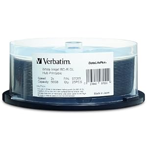 Verbatim 97055 DataLifePlus 50 GB 2x Blu-ray Double-Layer Recordable White Inkjet Hub Printable Disc BD-R DL, 25-Disc Spindle