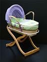 Lilac and green moses basket and clear lacquered foldable rocking stand sale save £10