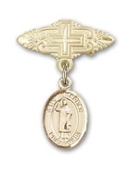 14K Gold Baby Badge with St. Stephen the Martyr Charm and Badge Pin with Cross