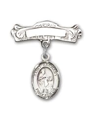 Sterling Silver Baby Badge with St. Zachary Charm and Arched Polished Badge Pin