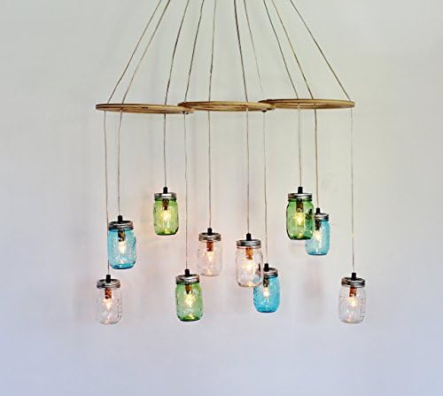 3 Ring Mason Jar Chandelier, 10 Staggered Jars in Green, Blue and Clear