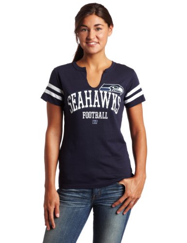 NFL Women's Seattle Seahawks Go For Two Short Sleeve Split Crew Neck Tee (Traditional Navy/White, Large)