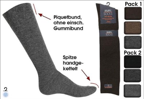 3 Normani Edle Herren Business Kniestrümpfe handgekettelt mit Wolle - Größe 43-46, Farbe schwarz / grau