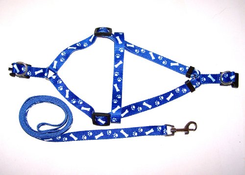 Ultralite Step-In Dog Harness & Leash Set Small 12″-17″ Blue Paws & Bones