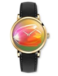 SPRAWL Aanalog Fashion Series Gold Ladies Watches of Genuine Black Leather Strap,Unique Wrist Watch for Women Girls Designed with Tulips orange