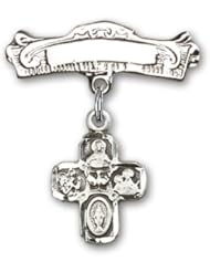 Sterling Silver Baby Badge with 4-Way Charm and Arched Polished Badge Pin