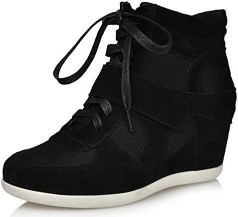 Amanda Gril Women's Suede Leatherette Lace-up Wedge Sneaker Booties - Black 9 M US