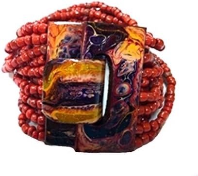 2-6 Day Delivery- Multiple Colors Available, Hand-painted Abstract Handmade Beaded Balinese Bracelet or Necklace, with Painted Natural Wood Hook Buckle Closure Multi Strand Glass Beaded Jewelry Trendy Atristic Unique Design Modern Artsy Indonesian Fashion Accessory from Bali (Bracelet, Red Antik)