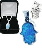 Beautiful Created Blue Opal 925 Sterling Silver Reversible Hamsa Charm Necklace Comes in a Fancy Jewelers Gift Box