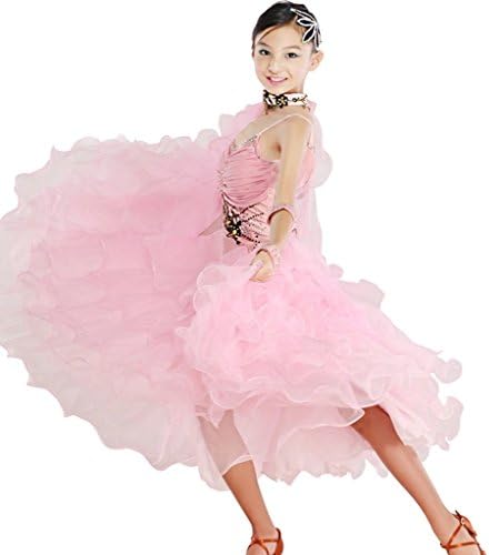 FERE8890 Girl's Dancewear Competition Dancing Latin Practice Jumpsuits Backless Rhinestone Dress Pink XL
